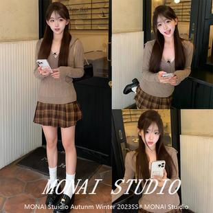 【白水女apsuae~】棕色V领麻花针织衫女春季新款收腰气质连帽上衣