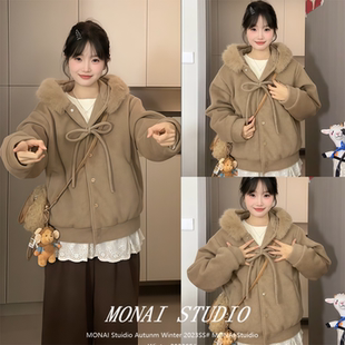 减龄休闲加厚大衣 燕麦色蝴蝶结大毛领连帽外套女冬季 博主推荐