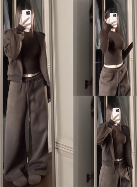 【SKK store~】棕色宽松卫衣外套上衣女百搭低腰休闲裤巴恩风套装