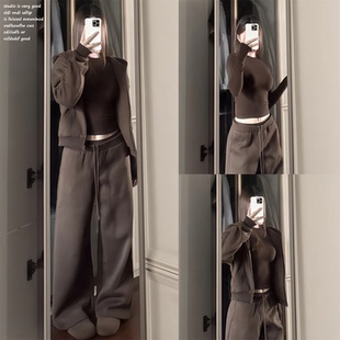 【SKK store~】棕色宽松卫衣外套上衣女百搭低腰休闲裤巴恩风套装