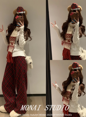 【Angelapopewang黑的王~】白色V领麻花针织衫红色休闲裤格纹长裤