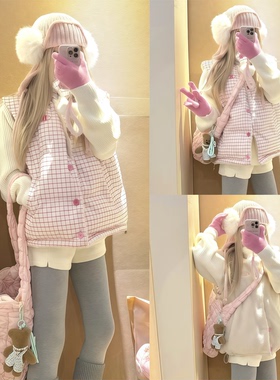 【R1DGE~】甜美慵懒风格子两面穿羊羔毛马甲背心女秋冬季保暖外套