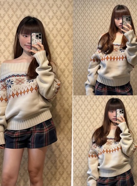 【MAXMENT~】费尔岛一字肩毛衣女秋冬雪花针织衫露肩圣诞穿搭上衣