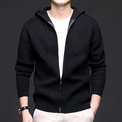 2025冬季新款加厚连帽纯羊毛开衫高端商务男士针织衫毛衣拉链外套