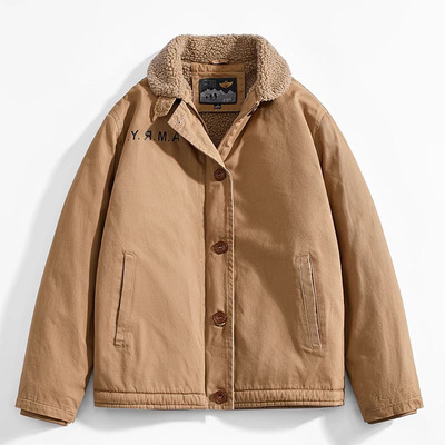 2025秋冬季新款加绒加厚宽松夹克外套男休闲短款翻领美式复古棉衣