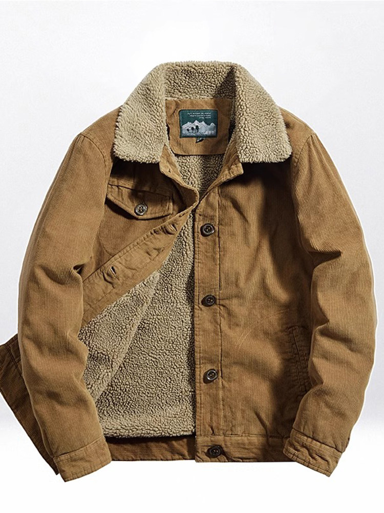 冬季新款高端灯芯绒加厚男士棉衣加绒棉服外套工装羊羔毛保暖棉袄