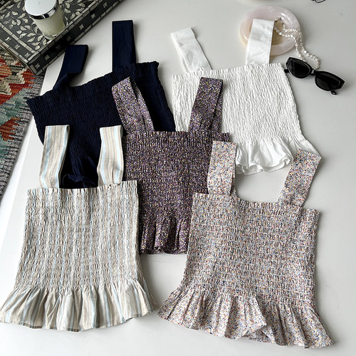 缘！日单女装法式复古褶皱收腰显瘦可调节吊带辣妹露肩上衣小衫