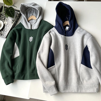 重磅加厚美式休闲风 冬季男款加绒撞色拼接高街廓形连帽套头卫衣