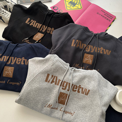 美式休闲字母刺绣套头加绒卫衣