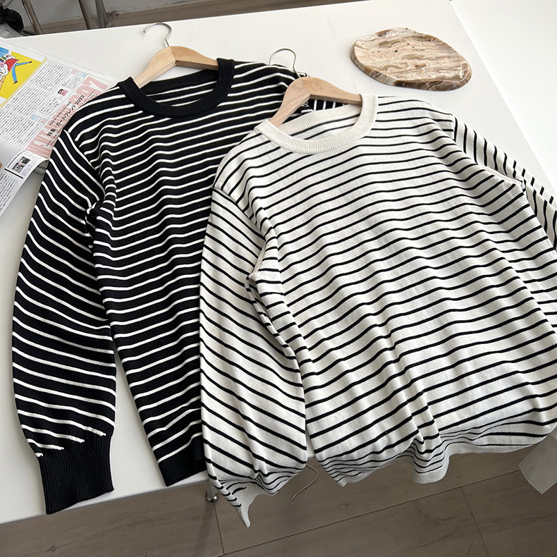 日系文艺条纹上衣 男装慵懒落肩袖宽松圆领套头纯棉针织衫毛衣