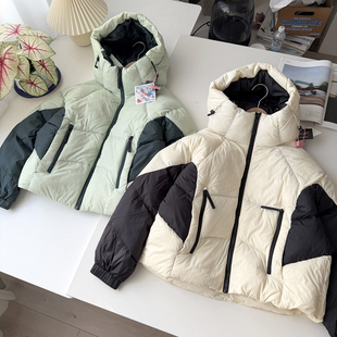 软呼呼泡芙 撞色拼接 冬季女款宽松保暖蓬松饱满连帽面包羽绒服