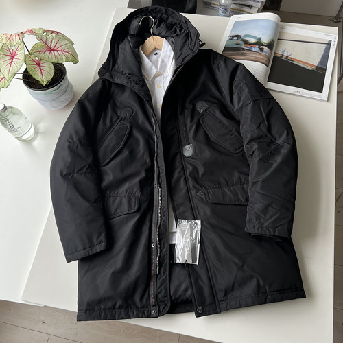 欧美单 御寒加厚型 冬季男装黑色中长款连帽派克棉衣棉服外套