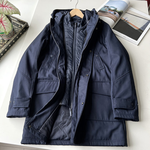 西班牙单 外贸男装冬季保暖户外中长款派克服工装夹棉连帽棉衣