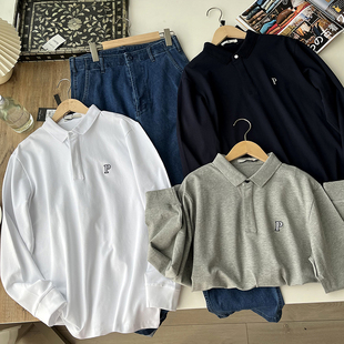 撞色蓝条拼接 男士 精纺弹力纯棉混纺纱线亲肤透气长袖 POLO衫