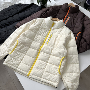 户外拉链撞色 秋冬男女情侣款轻便立领蓬松格子宽松保暖羽绒服