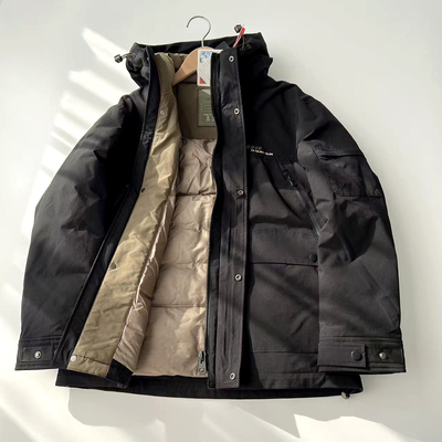 压胶绗缝锁绒 冬季男款户外防寒保暖加厚连帽工装风派克羽绒服