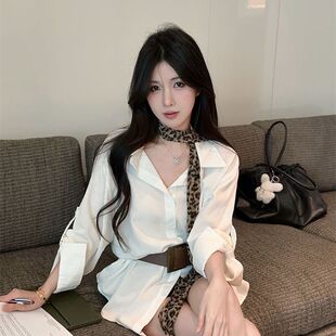 纯色衬衣女豹纹领带显瘦上衣 通勤OL风收腰腰带长袖 秋季 宽松韩版