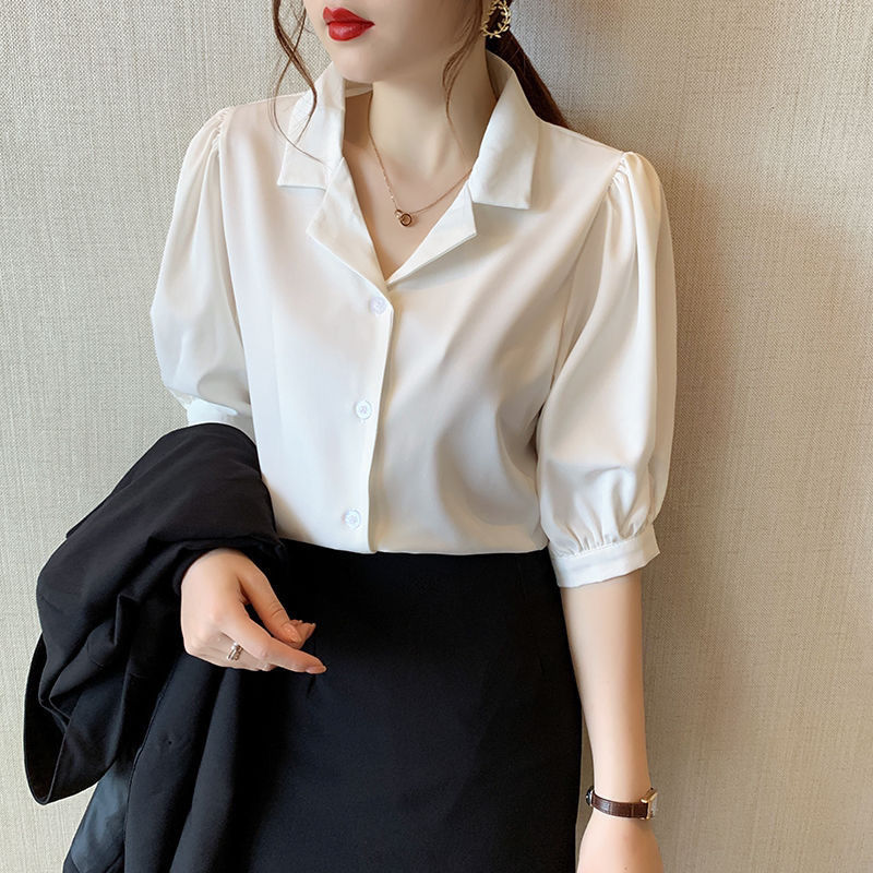 洋气夏季薄款泡泡中袖别致衬衣
