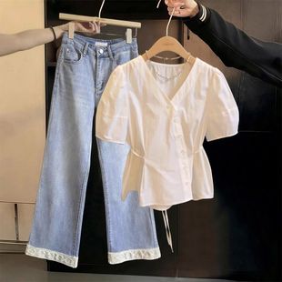 V领蕾丝花边泡泡袖 女夏季 法式 衬衫 上衣高级感 新款 设计感小众短款