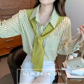 假两件别致条纹衬衫 雪纺衫 上衣长袖 减龄女装 小众衬衣时尚 春秋新款
