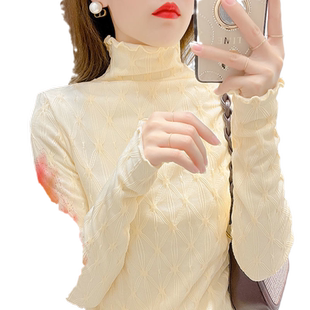 洋气加绒加厚蕾丝上衣女秋冬季新款韩版甜辣很仙的别致网纱打底衫
