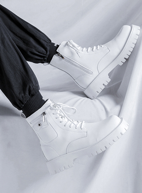 白色马丁靴男款英伦风真皮工装靴短靴侧拉链皮靴子男士高帮工装靴