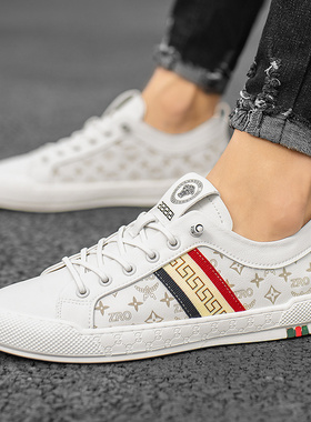 潮牌高端白色套脚板鞋男冬季一脚蹬小白鞋高级感休闲百搭懒人皮鞋