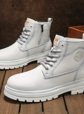 白色真皮马丁靴男时尚潮流机车靴秋冬季情侣款高帮工装靴中邦皮鞋