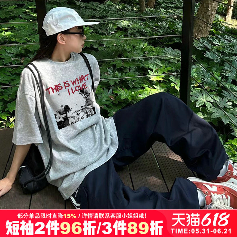 chic复古美式街头甜酷嘻哈原宿风正肩灰色纯棉短袖t恤女2026夏季