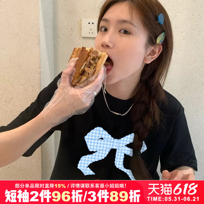 韩系宽松ins小众格子蝴蝶结印花黑色短袖t恤女chic慵懒风半袖上衣