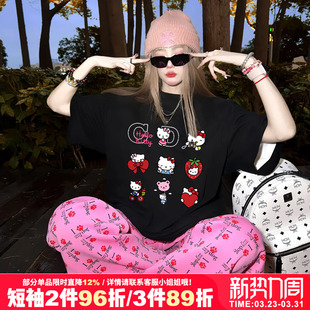 chic韩系ins风休闲甜妹卡通猫印花vibe甜酷正肩黑色短袖 t恤女上衣