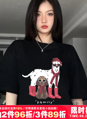 美式复古小众设计感ins潮牌黑色正肩短袖t恤女宽松大码纯棉半袖夏