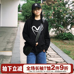 ulzzang小众宽松韩系简约设计感印花纯棉长袖t恤衫女内搭上衣休闲