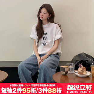 韩系慵懒风小众ins正肩复古纯棉白色正肩短袖 上衣 t恤2025夏季 新款