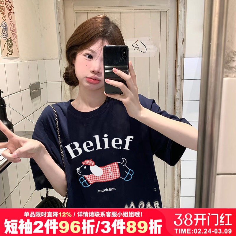 2026夏季新款ulzzang小众复古格子腊肠狗印花藏蓝色短袖t恤上衣女