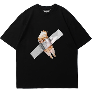 overisze宽松小众设计感猫咪chic港风复古深灰色短袖T恤内搭上衣