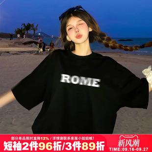 vintage宽松设计感字母印花黑色短袖t恤bf风男女款情侣装半袖上衣