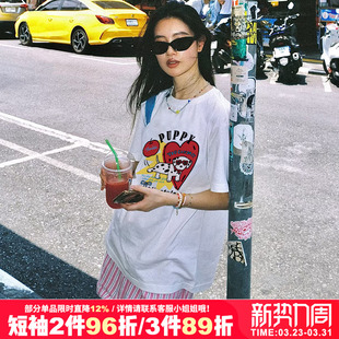 港风chic复古慵懒风街头甜酷重磅白色短袖 t恤ulzzang嘻哈印花半袖