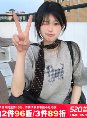 chic小众慵懒风格子狗狗印花纯棉灰色短袖t恤女重磅半袖上衣内搭