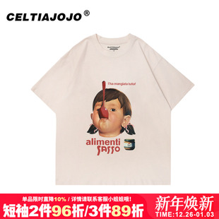 内搭 半袖 vintage宽松复古慵懒风潮牌卡通印花纯棉短袖 t恤女情侣装