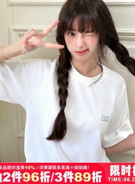 ins简约风白色短袖t恤女2026夏季新款小众设计感宽松纯棉正肩上衣