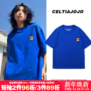 夏季 正肩半袖 t恤上衣bf风大码 vibe宽松街头潮牌小众蓝色纯棉短袖