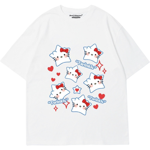 2026宽松夏季卡通动漫猫印花短袖T恤女oversize街头甜酷风上衣潮