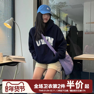 ulzzang小众慵懒风字母印花套头连帽卫衣女2025秋冬加绒加厚帽衫