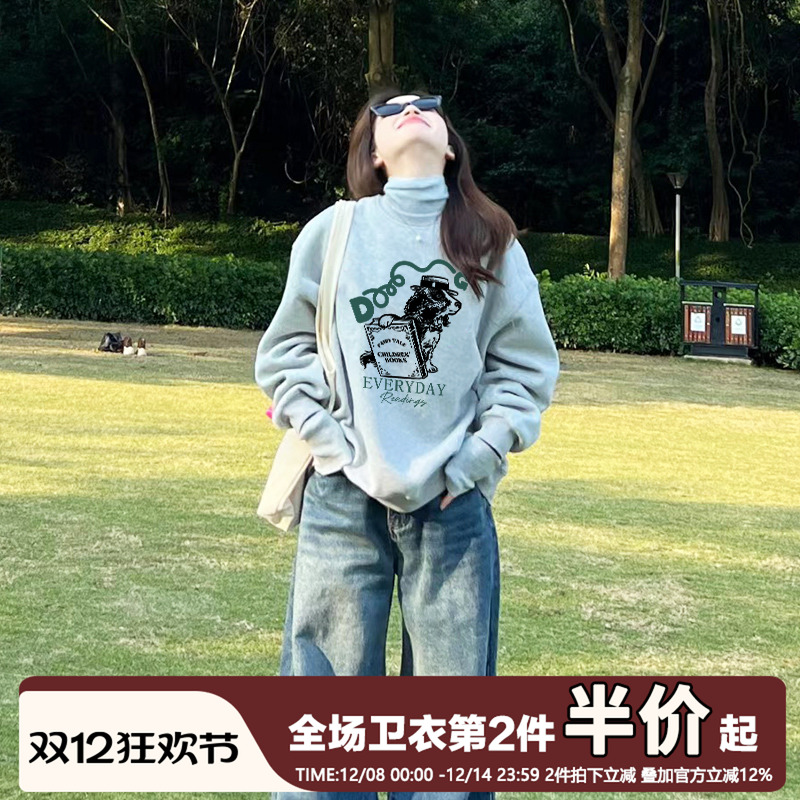 chic小众复古大码灰色圆领卫衣