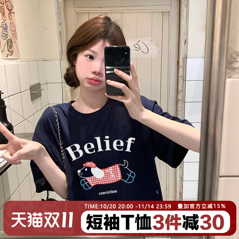 2025夏季新款ulzzang小众复古格子腊肠狗印花藏蓝色短袖t恤上衣女