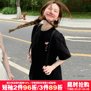 ins韩系慵懒风小众卡通猫印花黑色短袖 女装 半袖 上衣夏 t恤chic大码