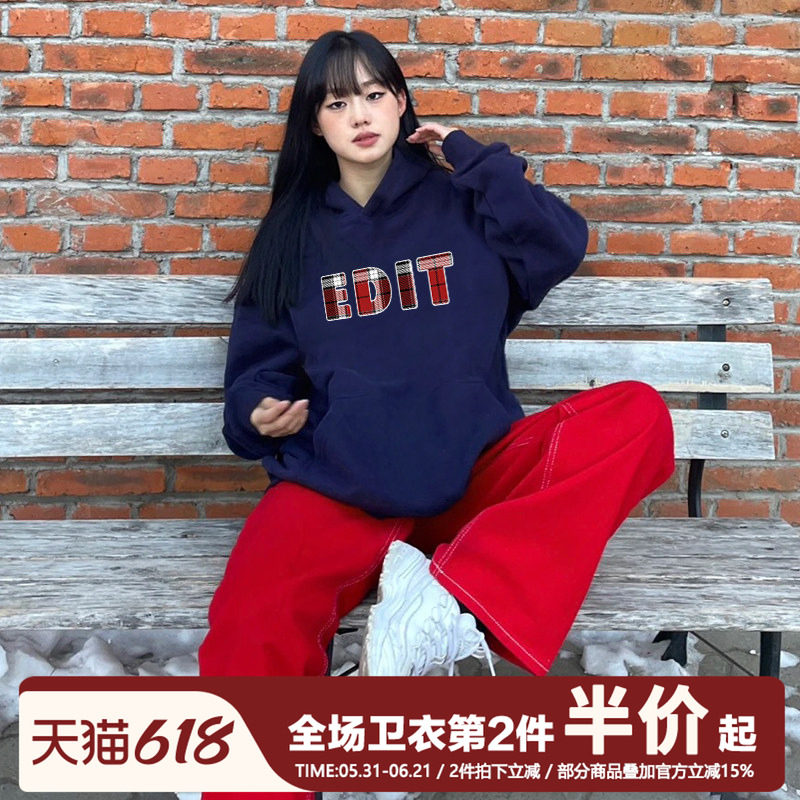复古港风春秋薄款ins风设计感字母印花藏蓝色连帽卫衣女帽衫外套