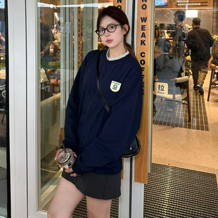 ulzzang小众韩系藏蓝色套头圆领卫衣女加绒加厚内搭2026新款上衣