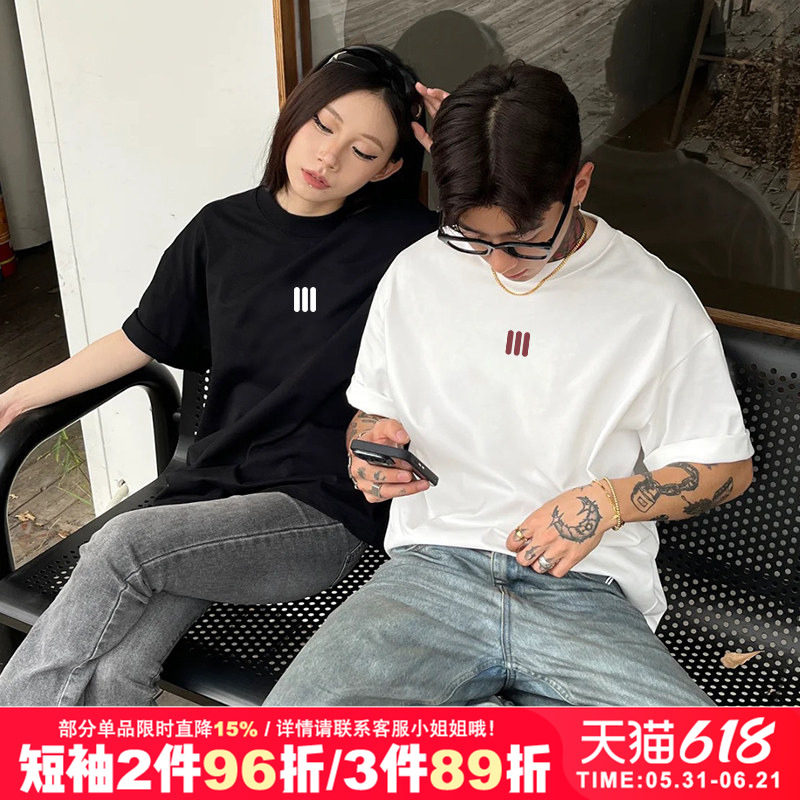 bf风宽松小众简约设计感正肩大码纯棉黑色短袖t恤chic情侣装半袖